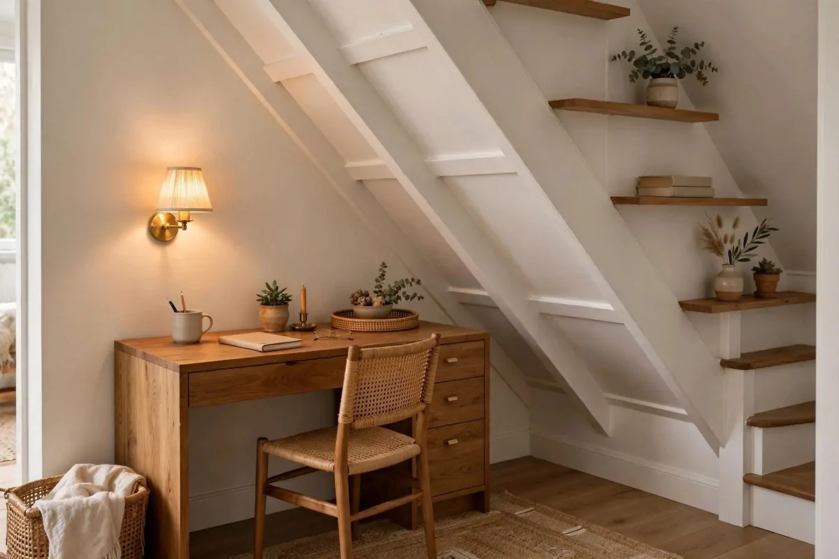 Cozy home office desk fitted under a staircase with shelves