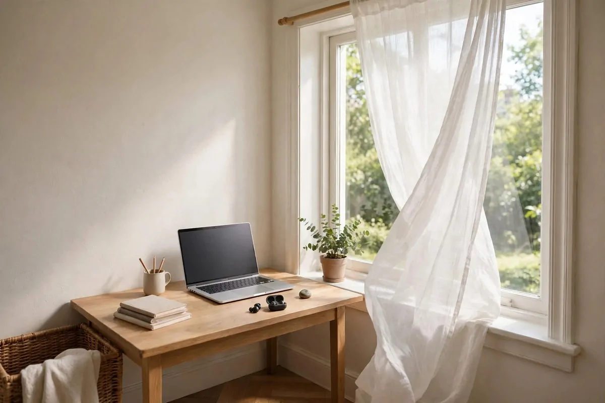 Small desk beside a bright window with plants and a laptop