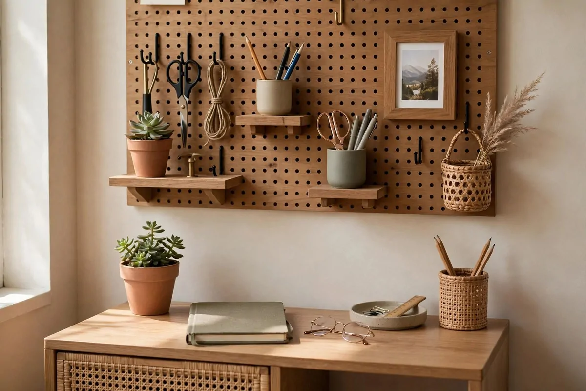 Pegboard wall organizer with office supplies above a small desk