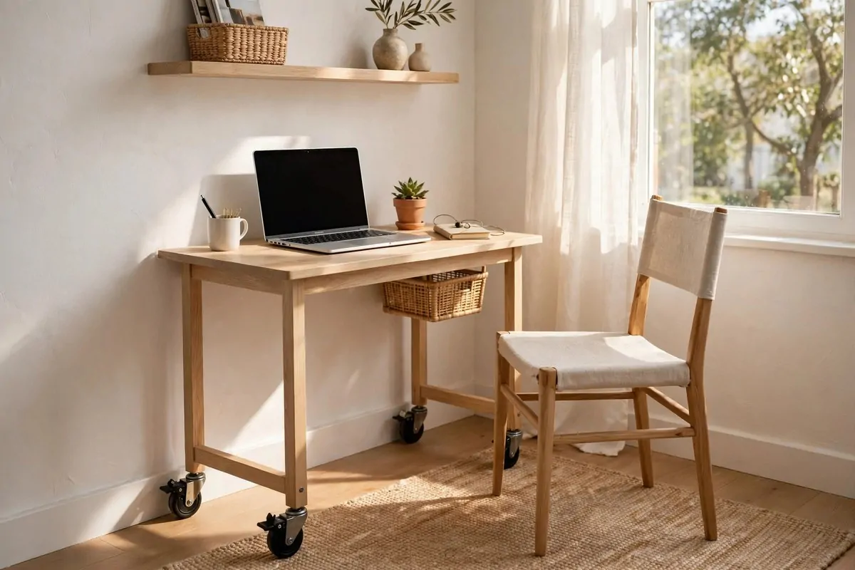 Small rolling desk on wheels in a bright compact home office