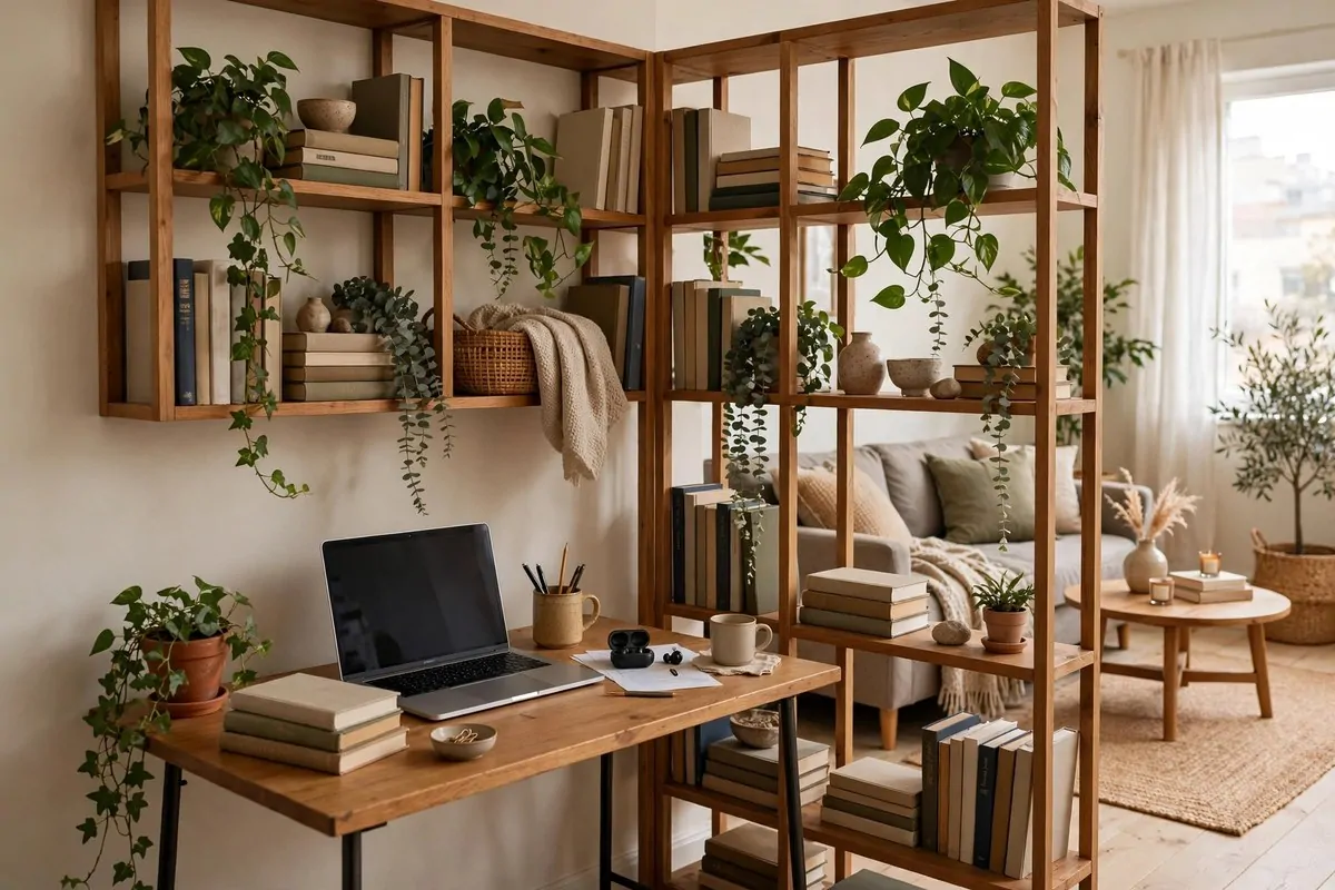Open bookshelf dividing a room with a small office desk behind it