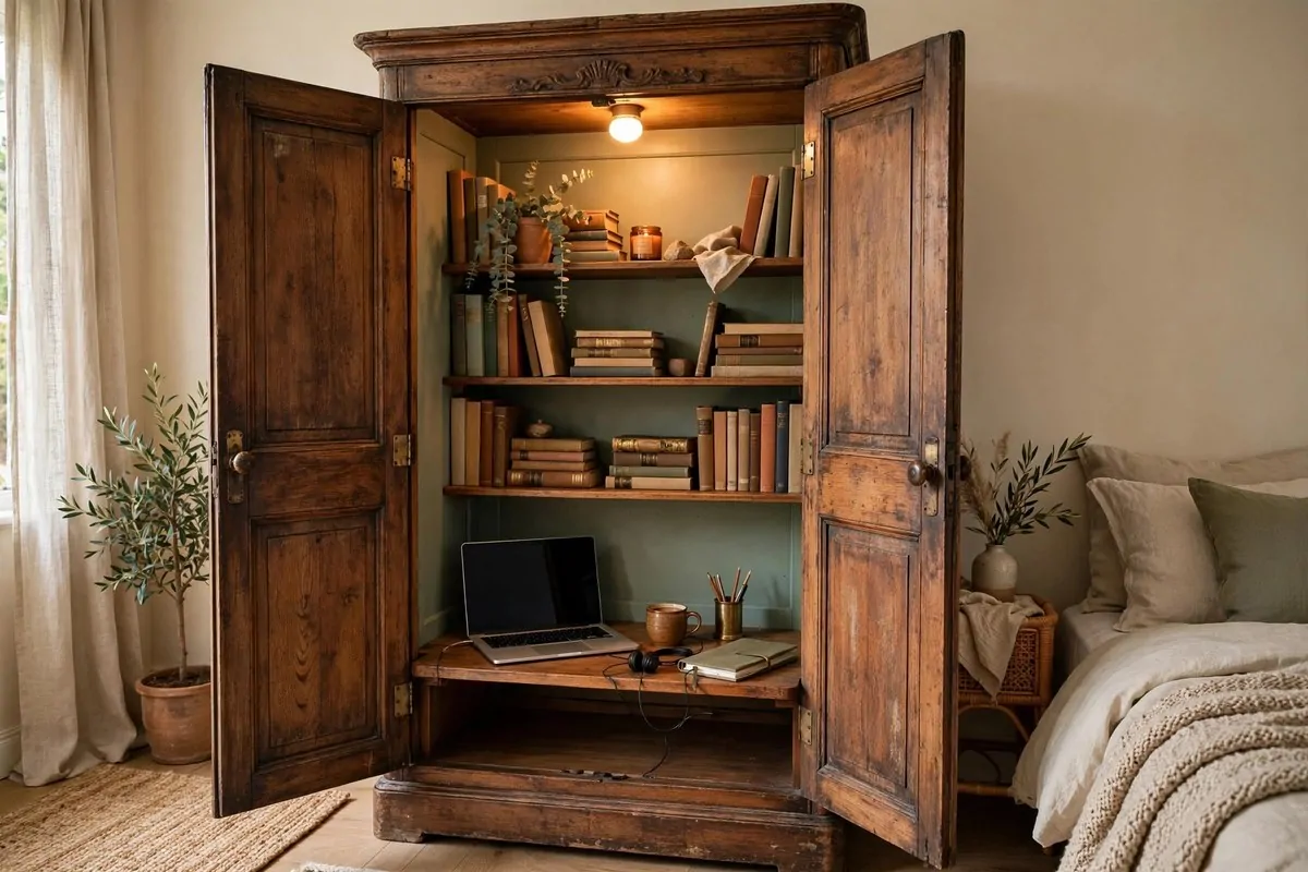 Vintage armoire opened to reveal a hidden small home office inside