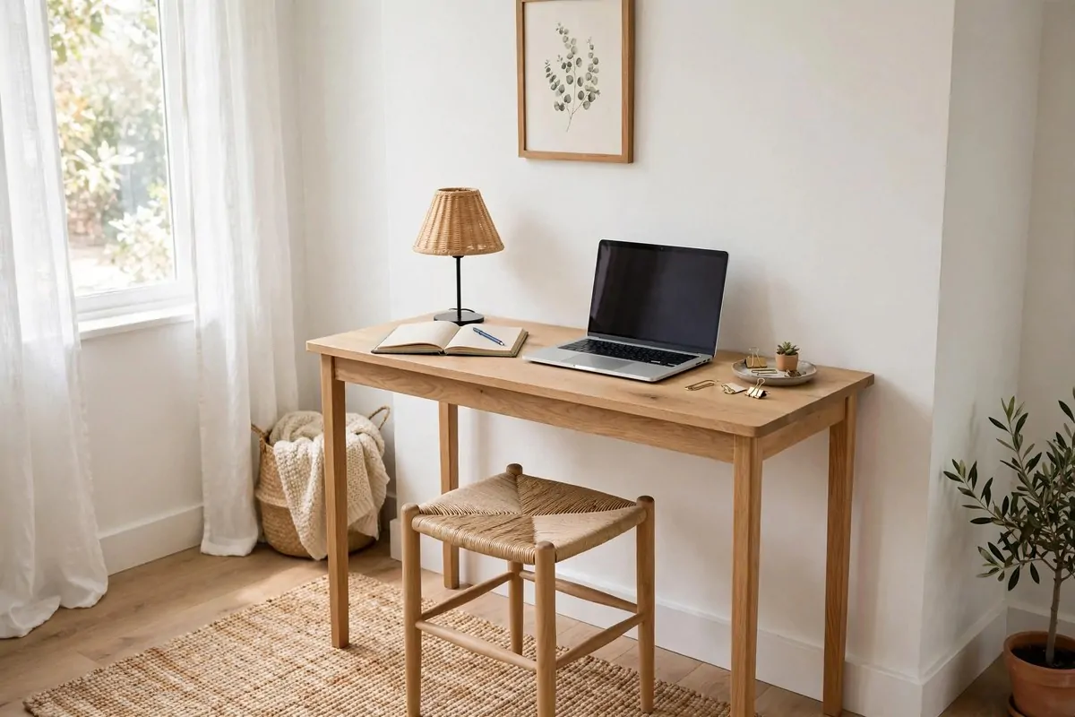 Slim console table used as a desk in a small bright home office