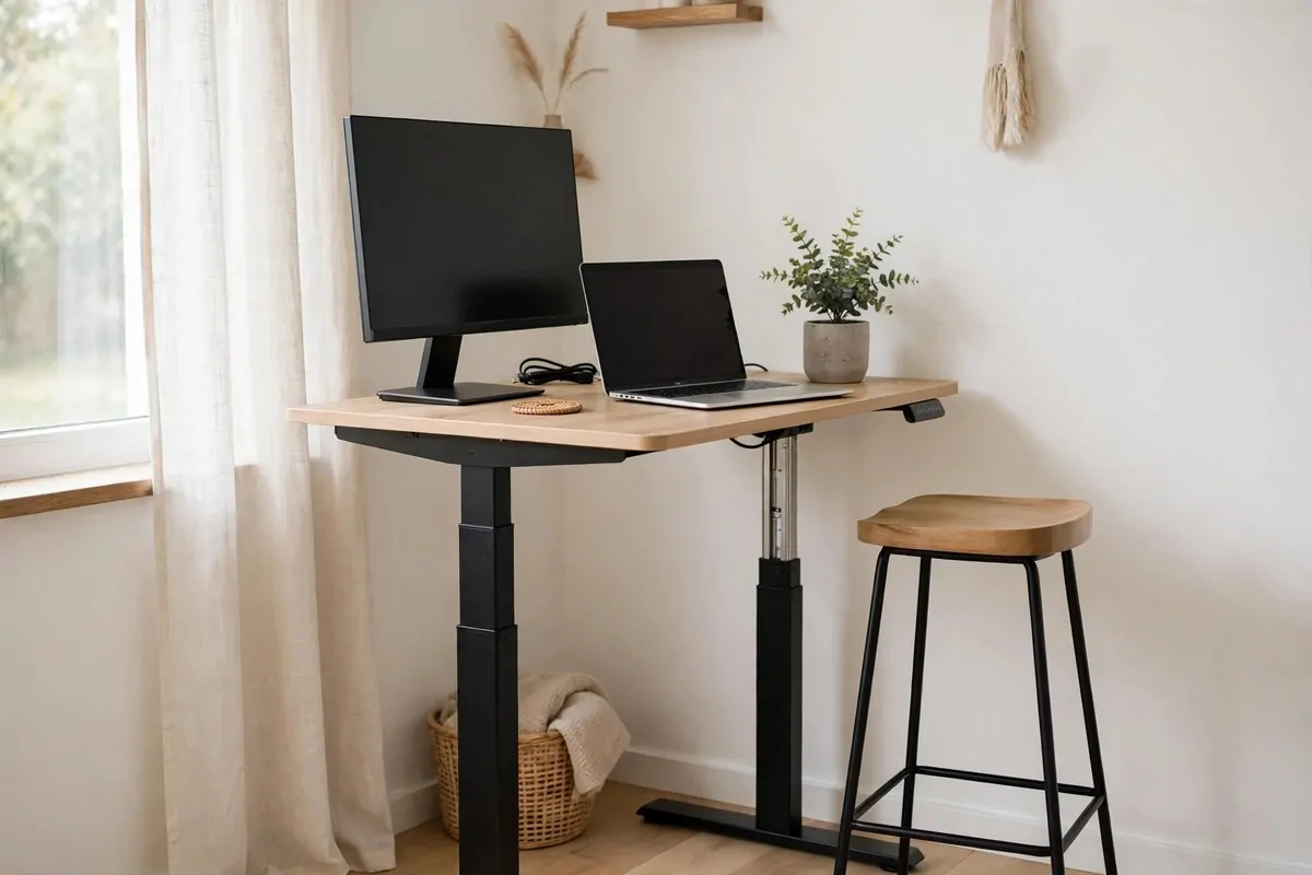 Compact standing desk in a small modern home office with a plant