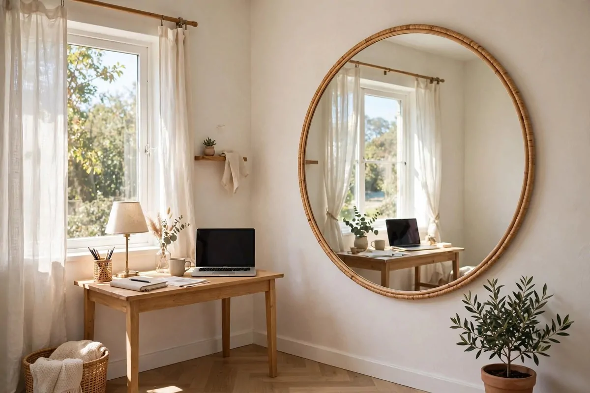 Small home office with a large mirror reflecting light and space