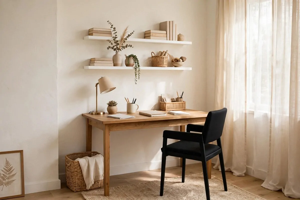 Small home office painted in light white and cream tones