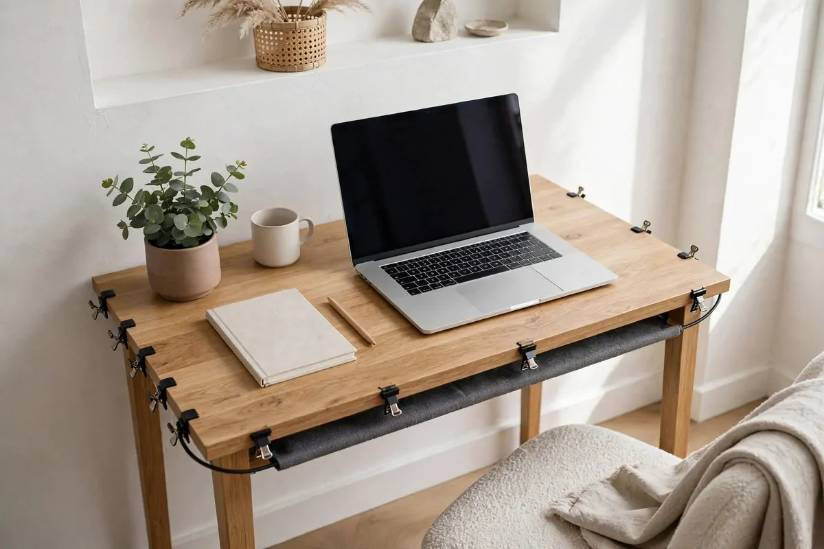 Tidy desk with hidden cables and cord organizers in a small office
