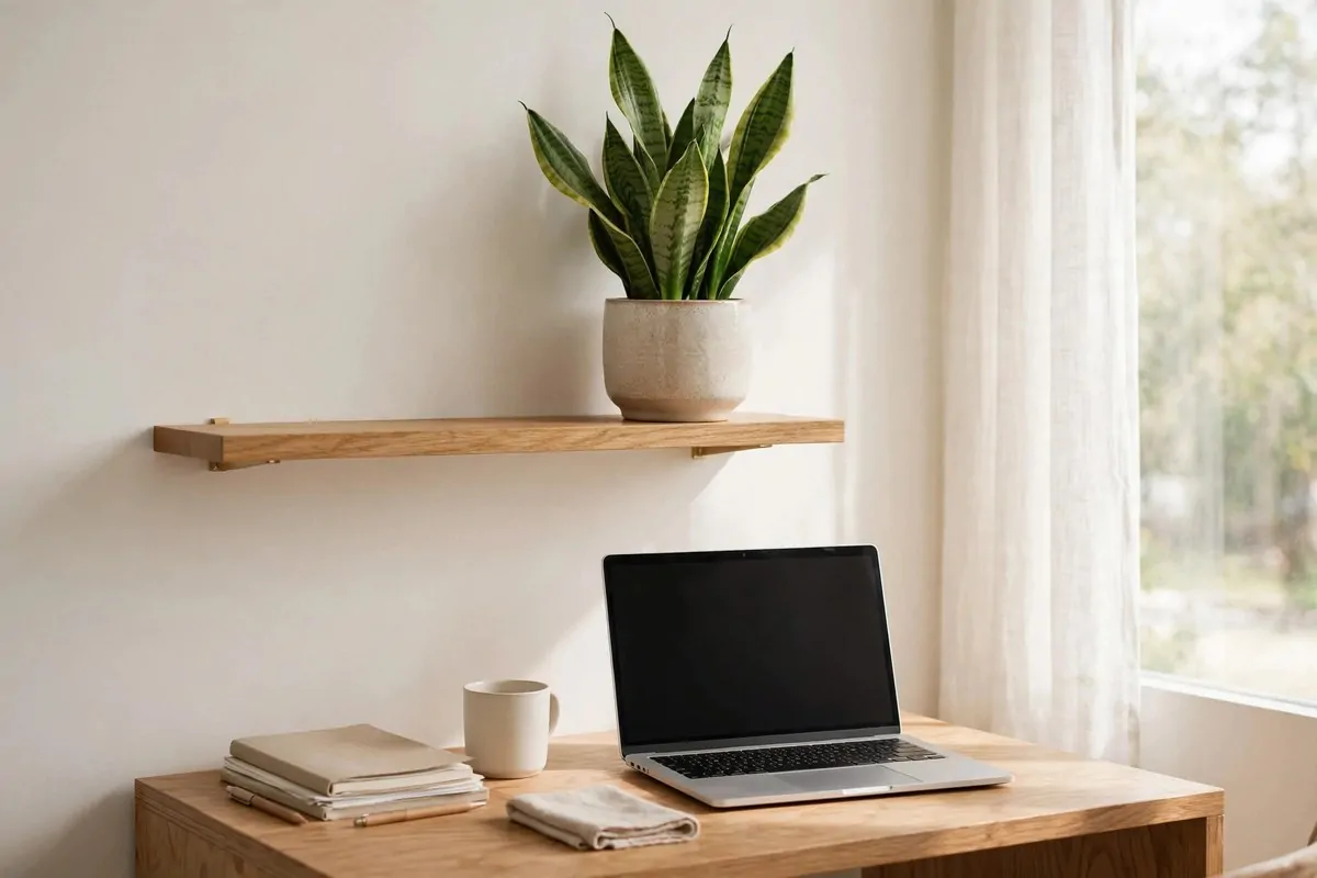 Small office desk with a snake plant and green leaves in bright light