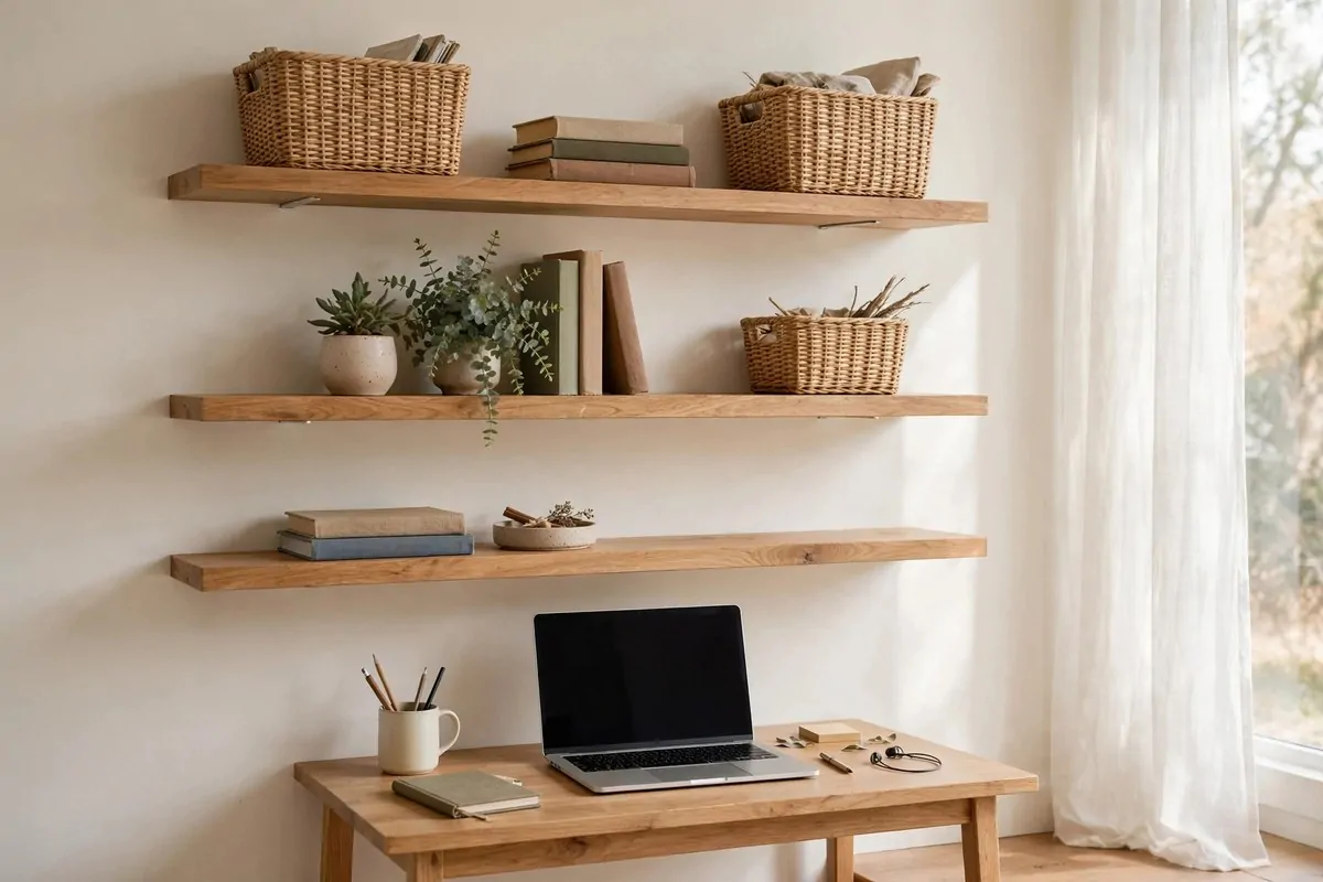 Floating shelves above a small desk holding books and office supplies