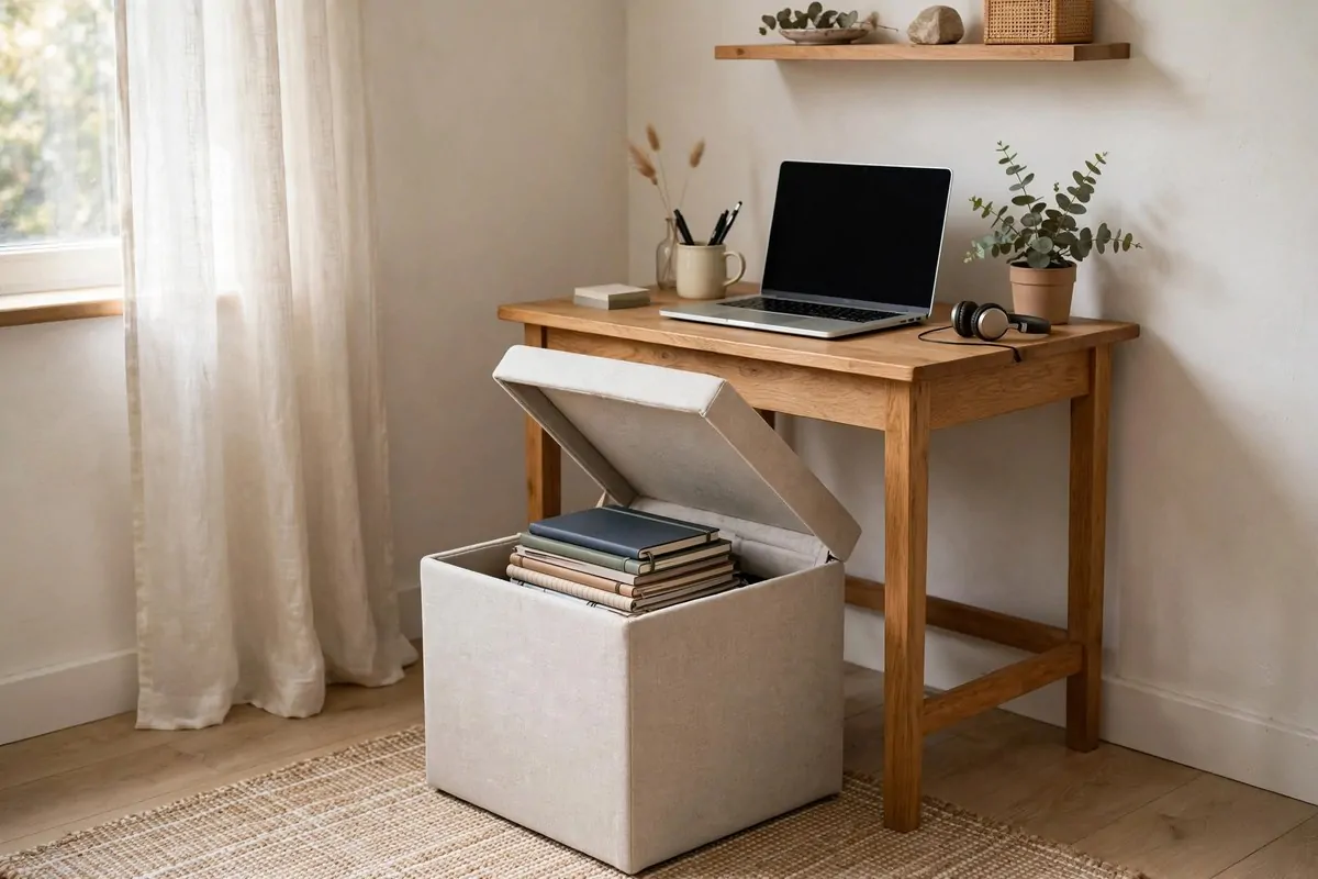Storage ottoman beside a small office desk holding blankets and supplies