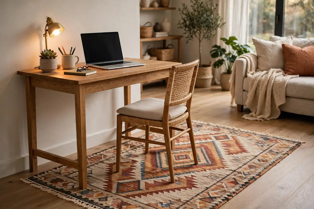 Small office corner defined by a patterned rug under the desk