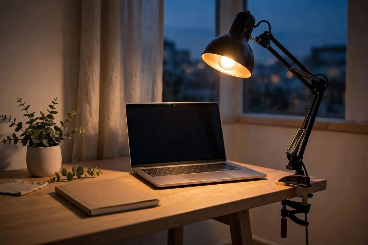 Clamp on desk lamp lighting a small office desk at dusk