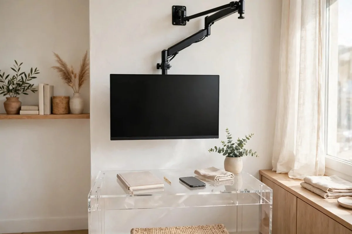 Monitor on an adjustable arm above a clear small desk