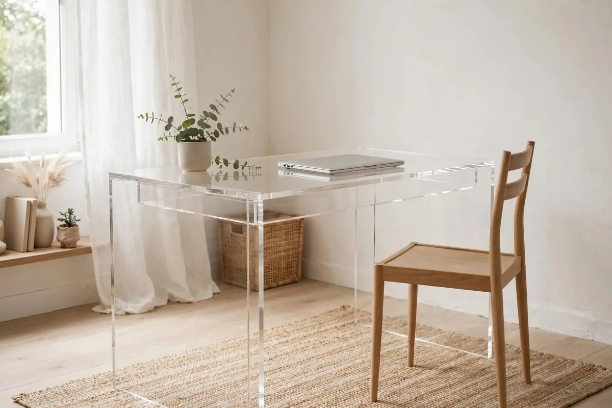 Clear acrylic desk in a small bright office that looks almost invisible