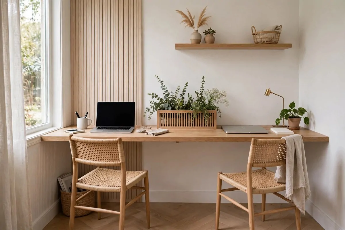 Long narrow shared desk for two people along one wall in a small office