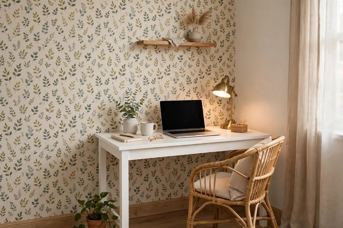Small office nook with patterned wallpaper behind a white desk