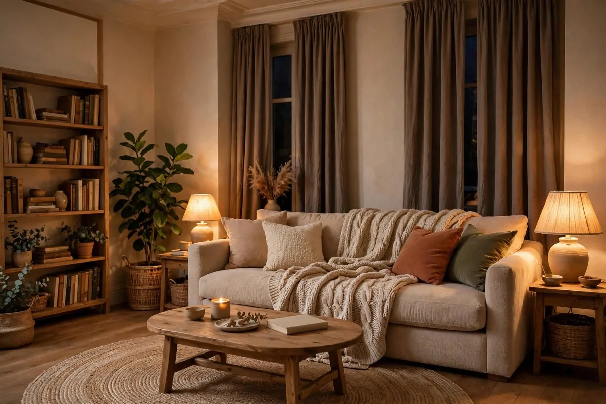 A cozy living room with warm light, soft throws, layered rugs and a comfortable sofa