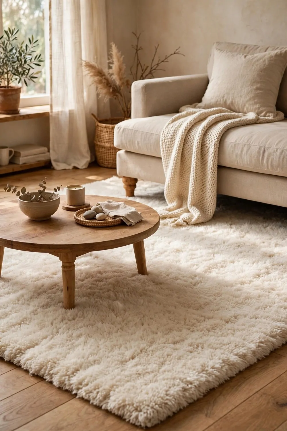 A plush cream area rug under a wooden coffee table in a warm living room
