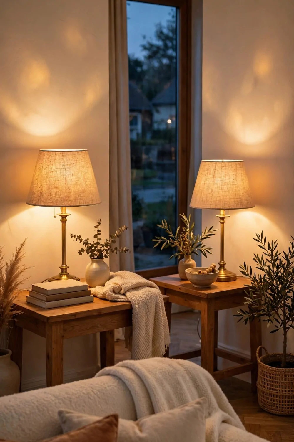 Warm glowing table lamps creating a cozy evening glow in a living room
