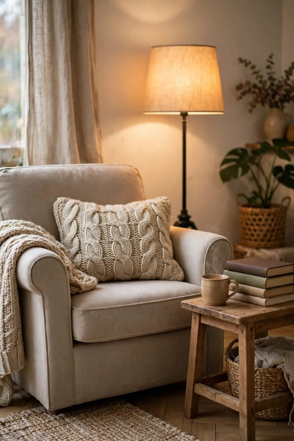 A cozy reading corner with an upholstered armchair, floor lamp and books on a side table