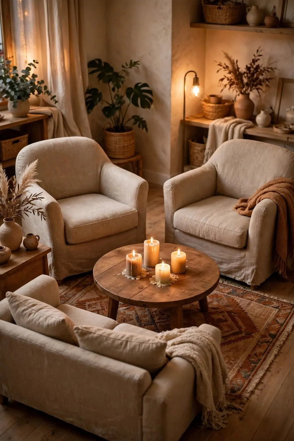 Armchairs pulled into a tight conversation circle around a coffee table