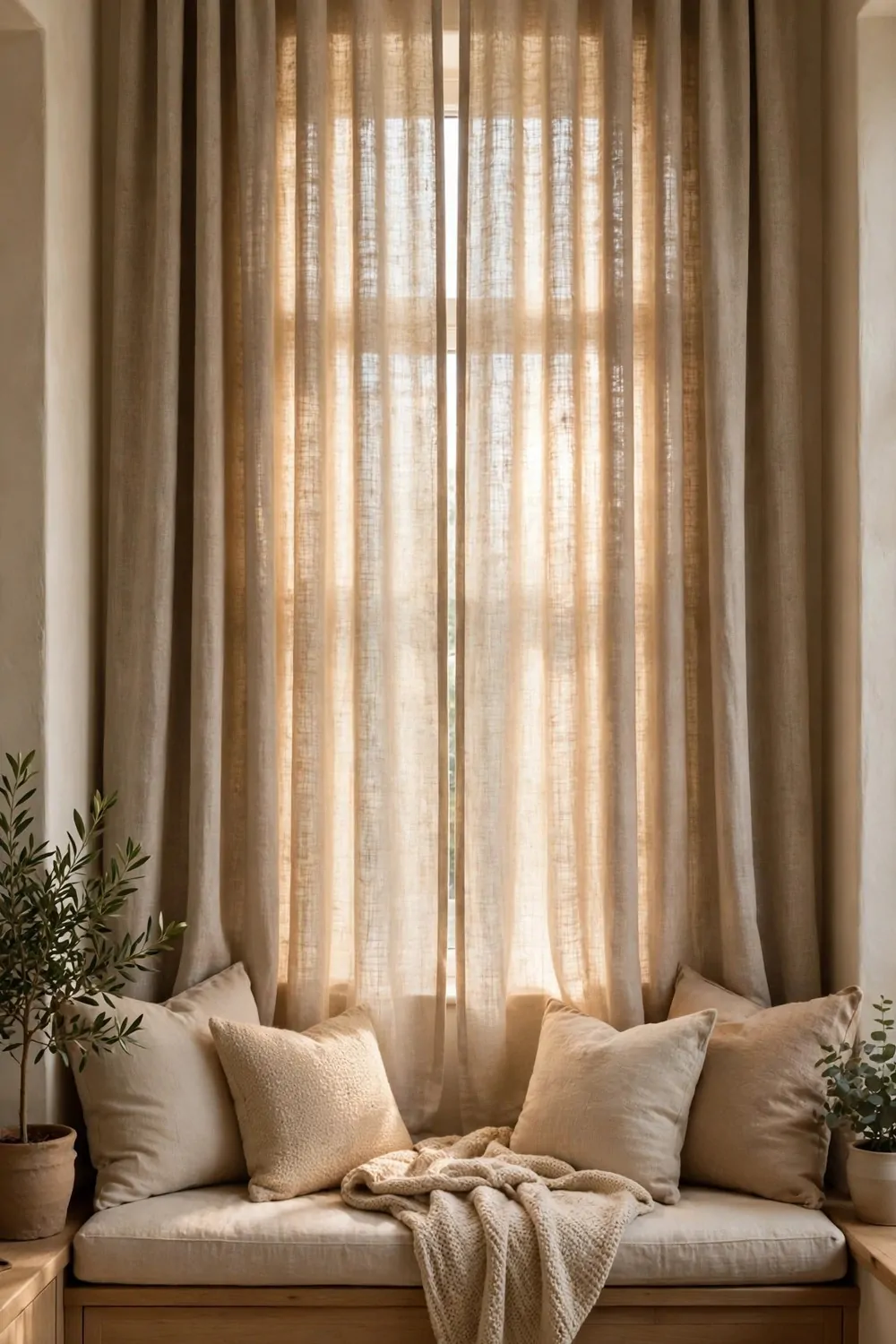 Thick linen curtains on a tall living room window with soft daylight