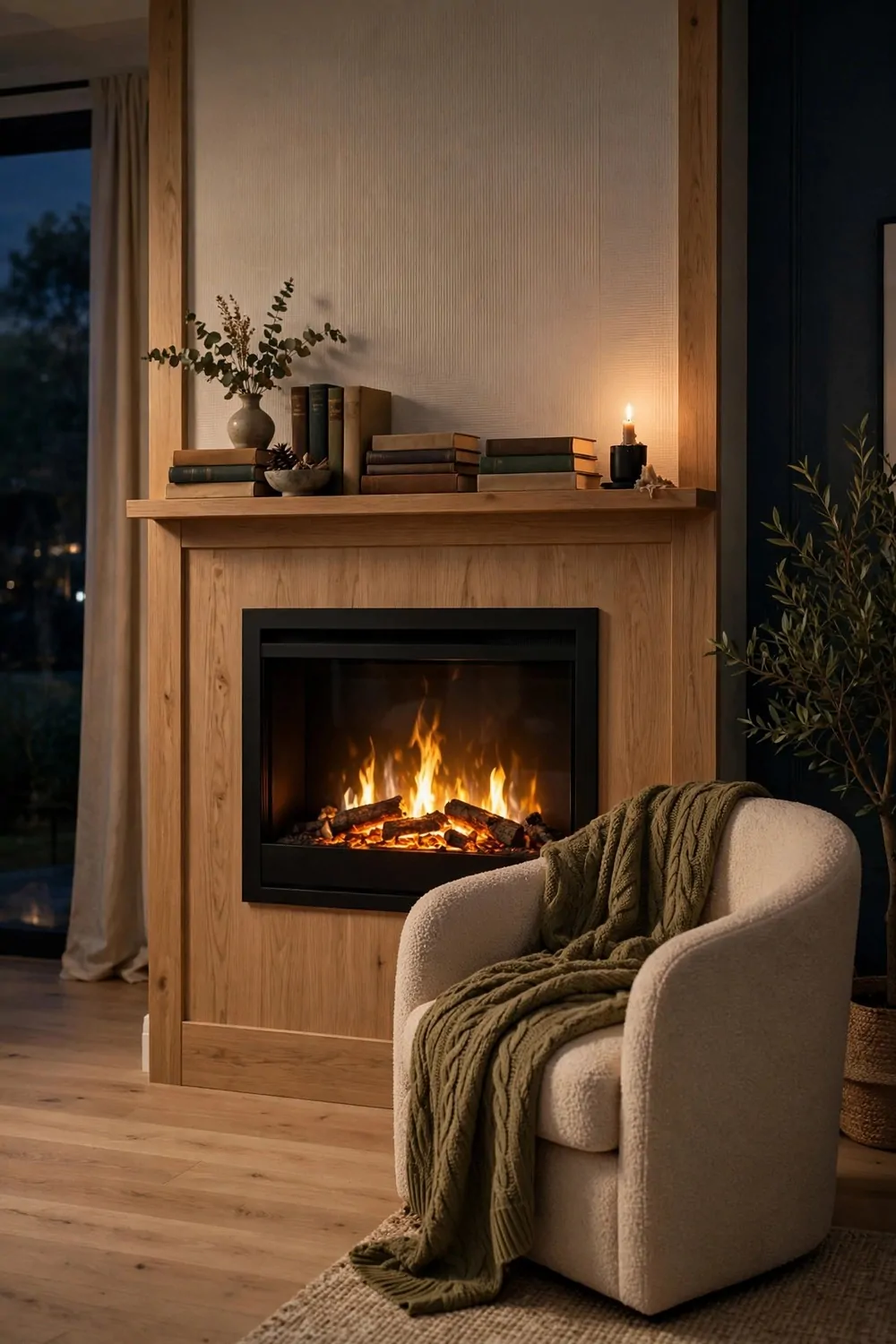 An electric faux fireplace with a warm flame glow in a cozy living room