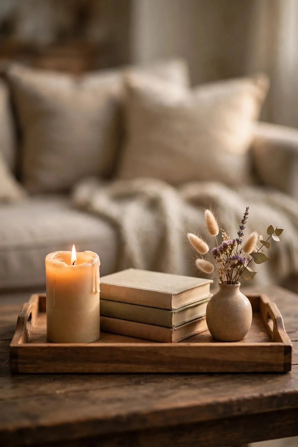 A styled coffee table tray with a lit candle, books and a small vase