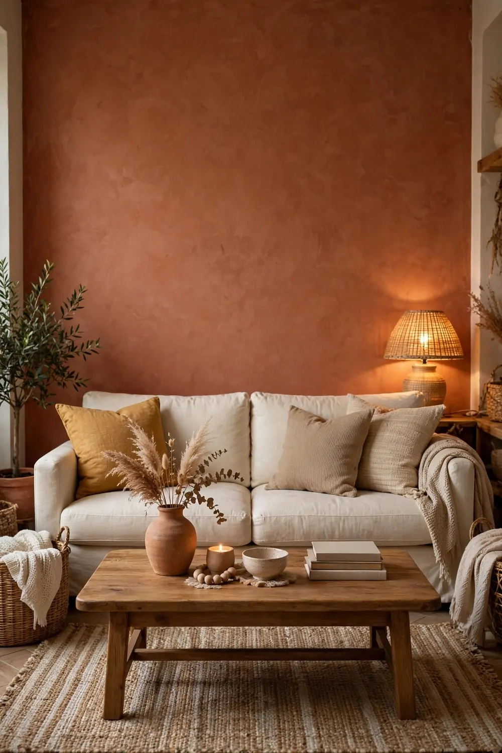 A warm terracotta accent wall behind a cream sofa with cushions