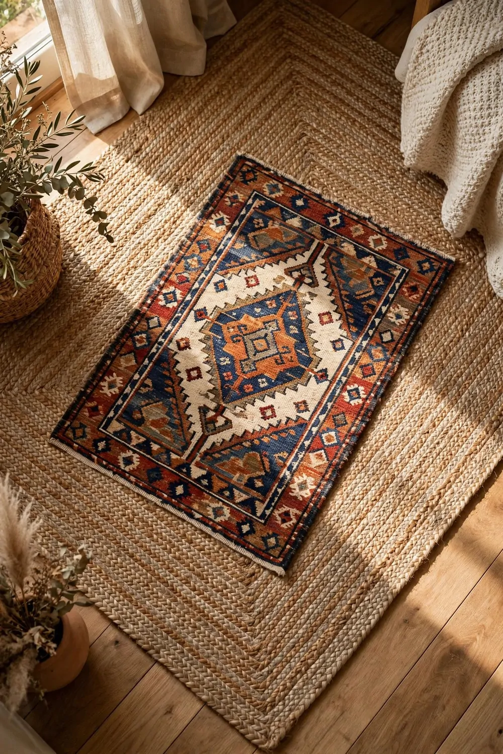 A small patterned rug layered over a large natural jute rug