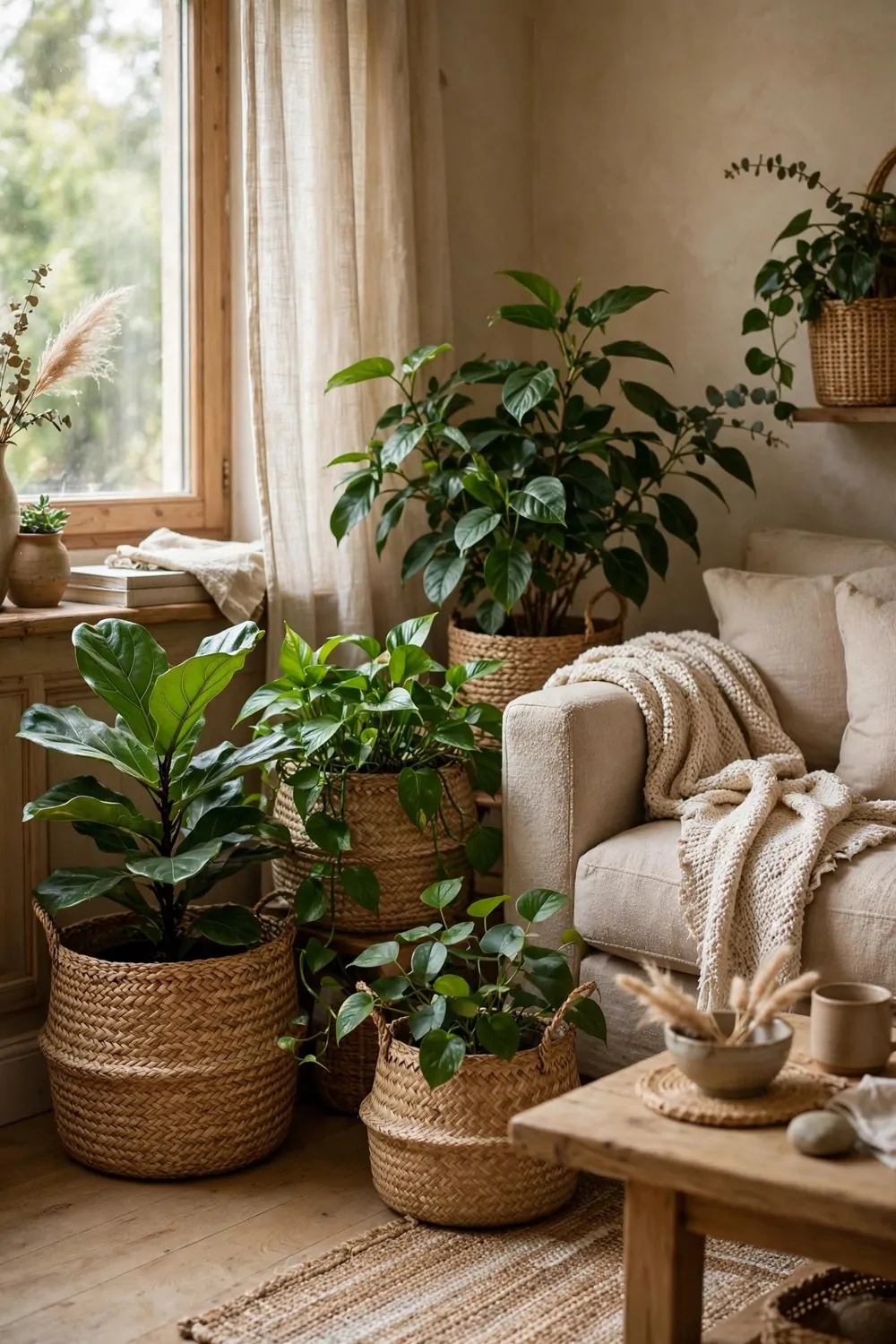 Leafy houseplants in woven baskets beside a sofa