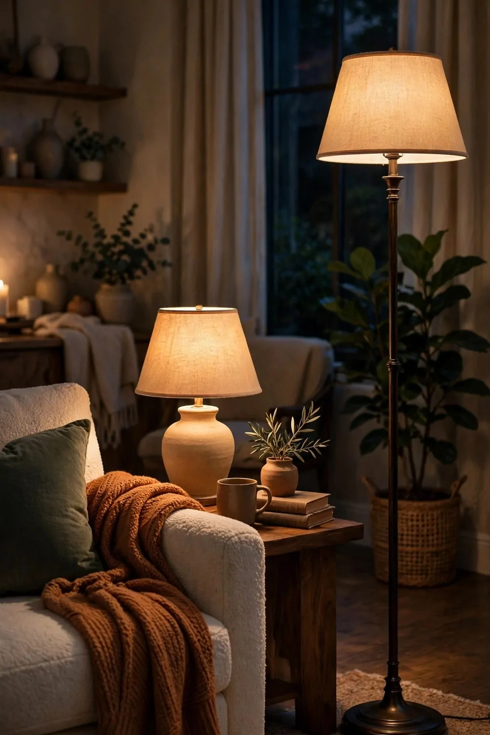 A table lamp and floor lamp glowing in an evening living room