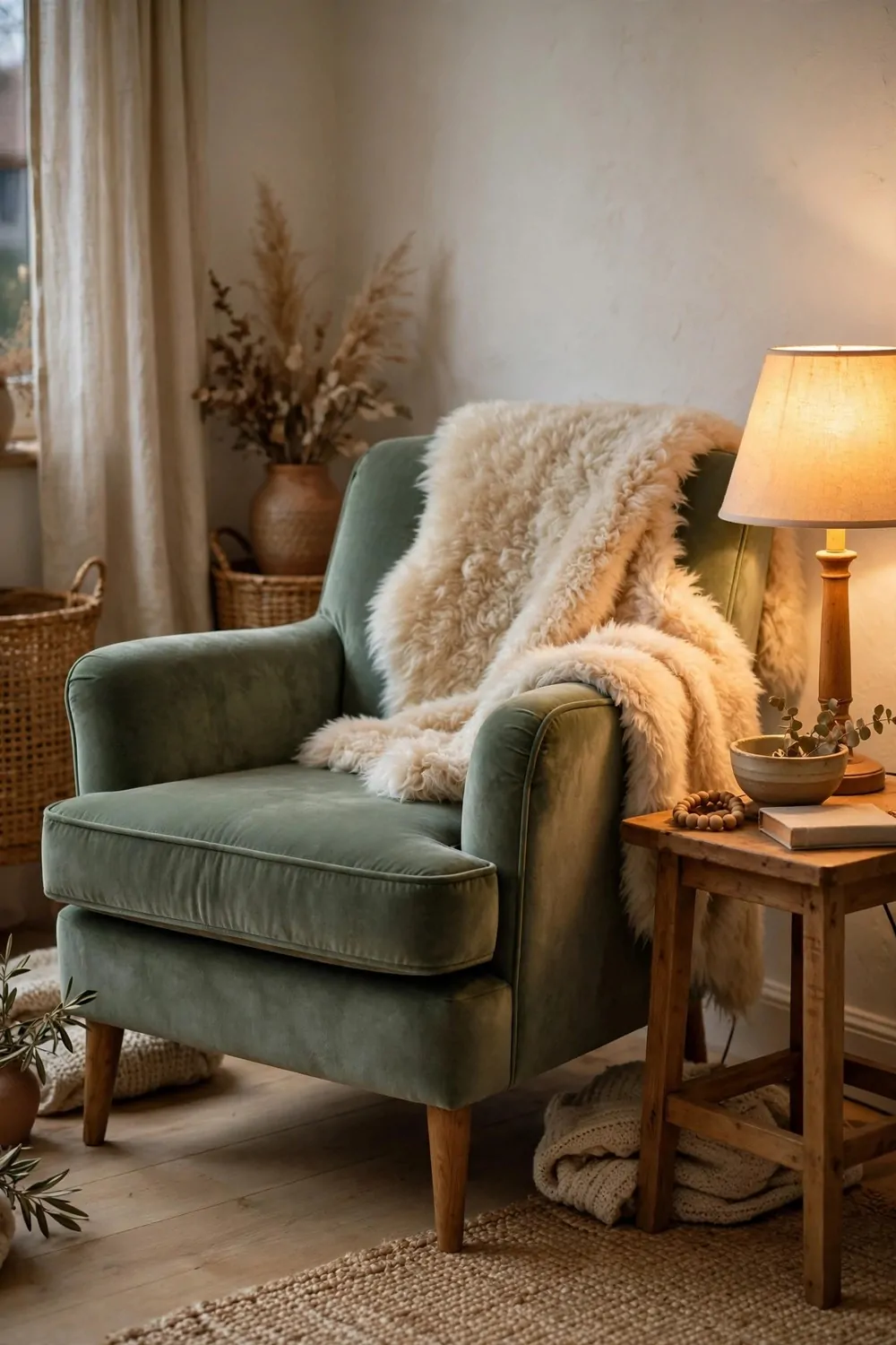 A faux fur throw draped over a velvet armchair