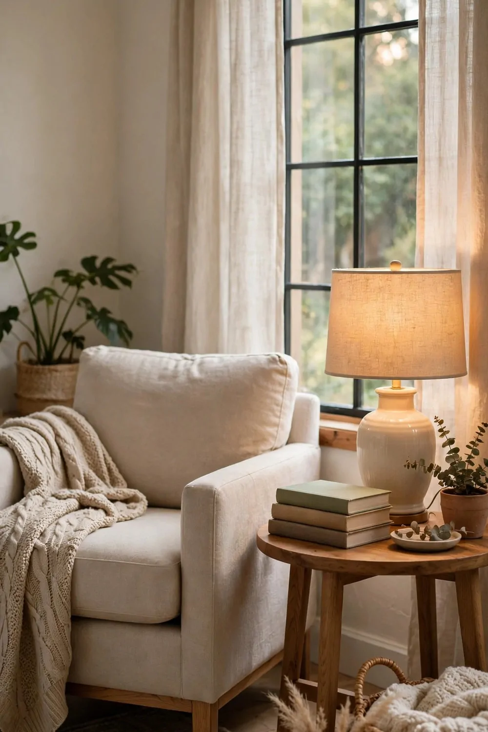 A screen-free quiet corner with an armchair, books and a warm lamp