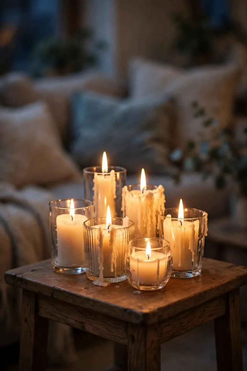 A cluster of lit candles in glass holders on a wooden side table