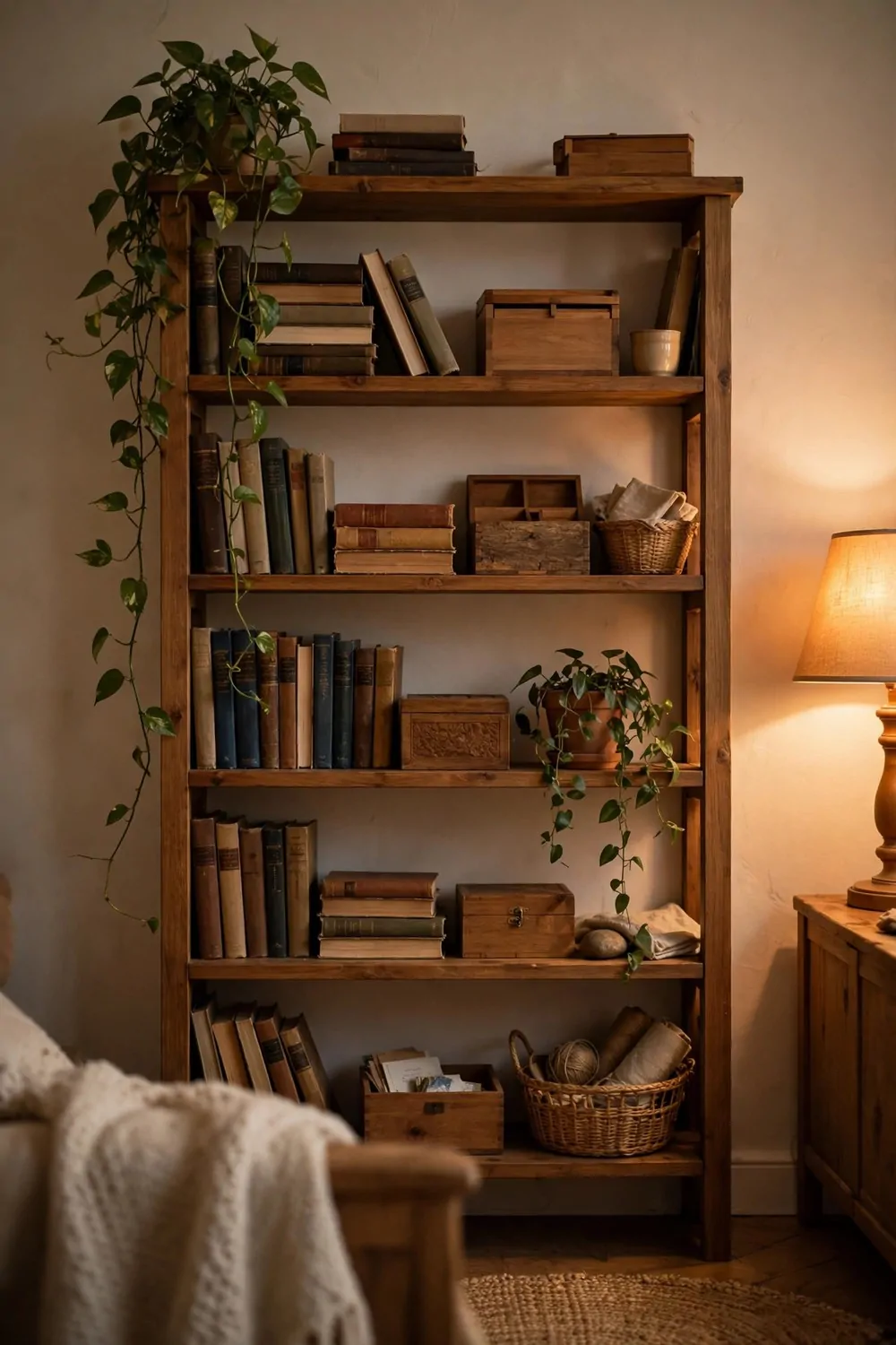 Wooden bookshelves styled with books, small wooden boxes and a plant