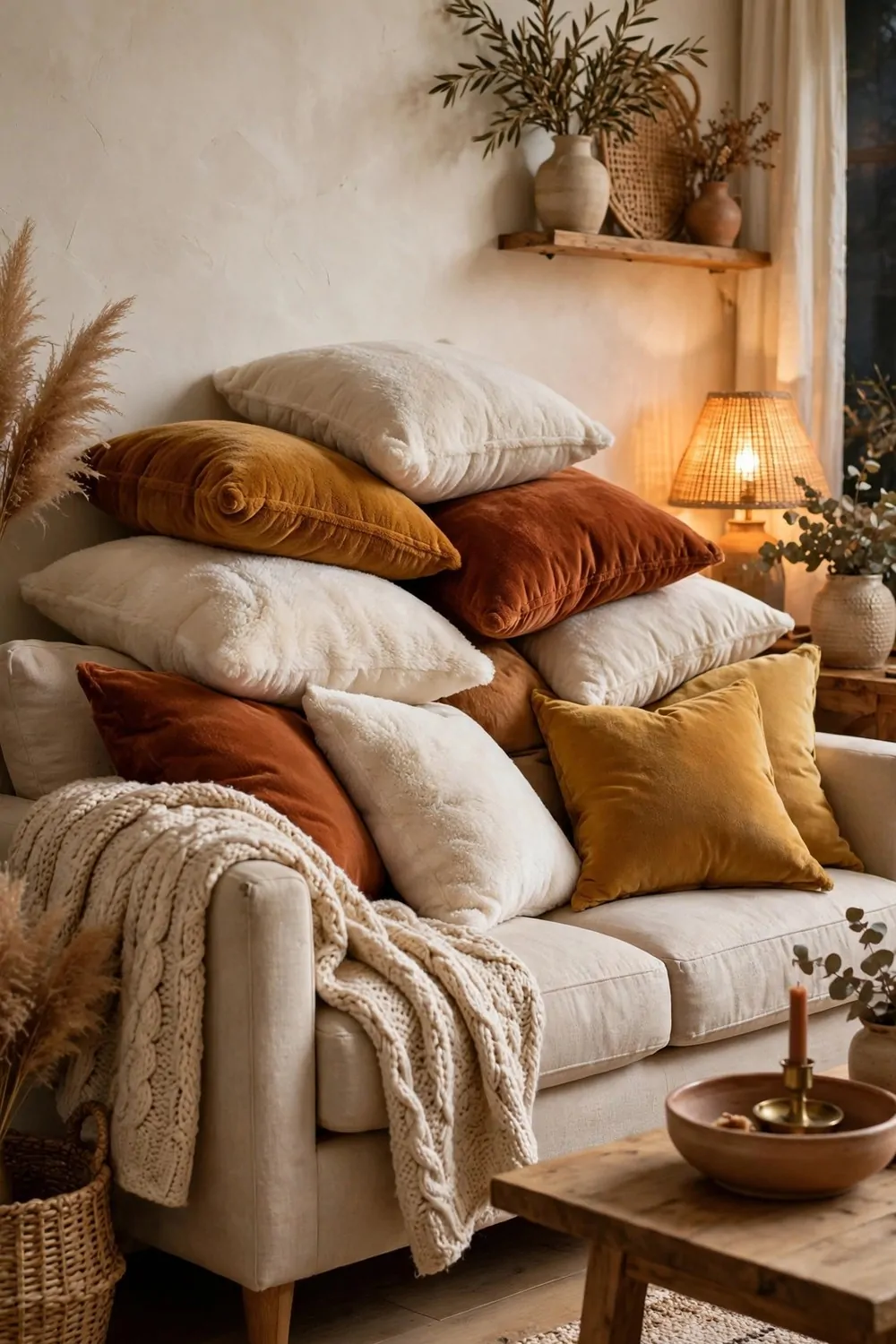 A sofa piled high with deep plush cushions in warm tones