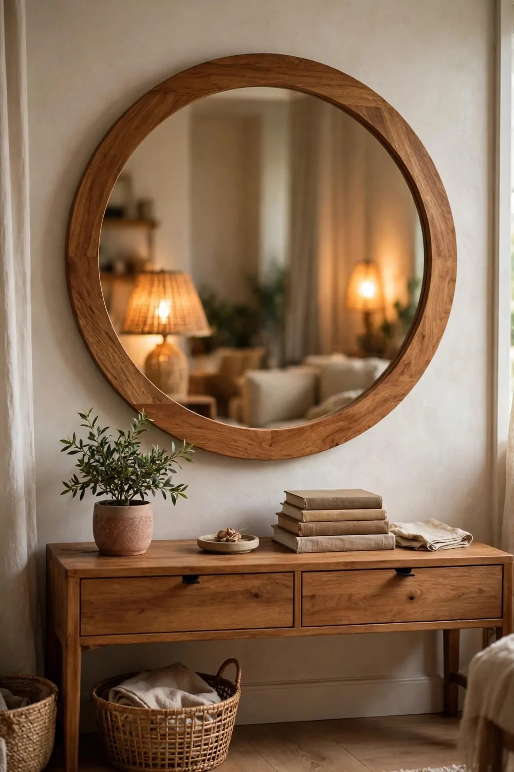A large round mirror above a wooden console reflecting warm lamplight