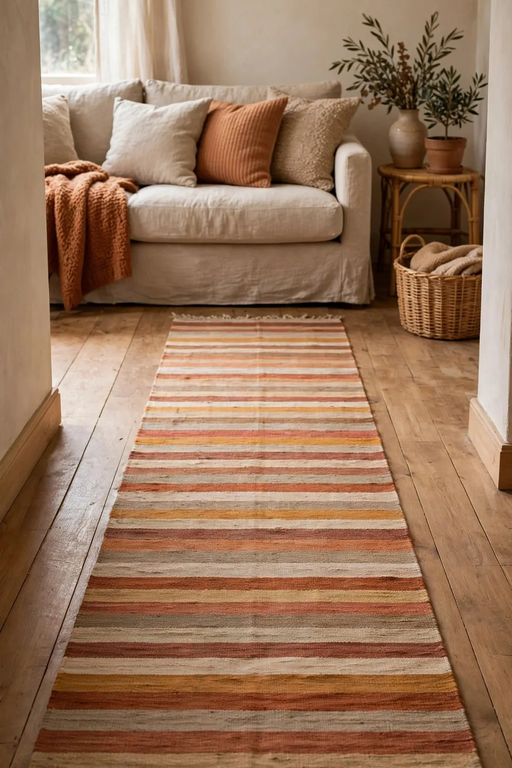 A flat-weave runner on a wooden floor leading to a sofa