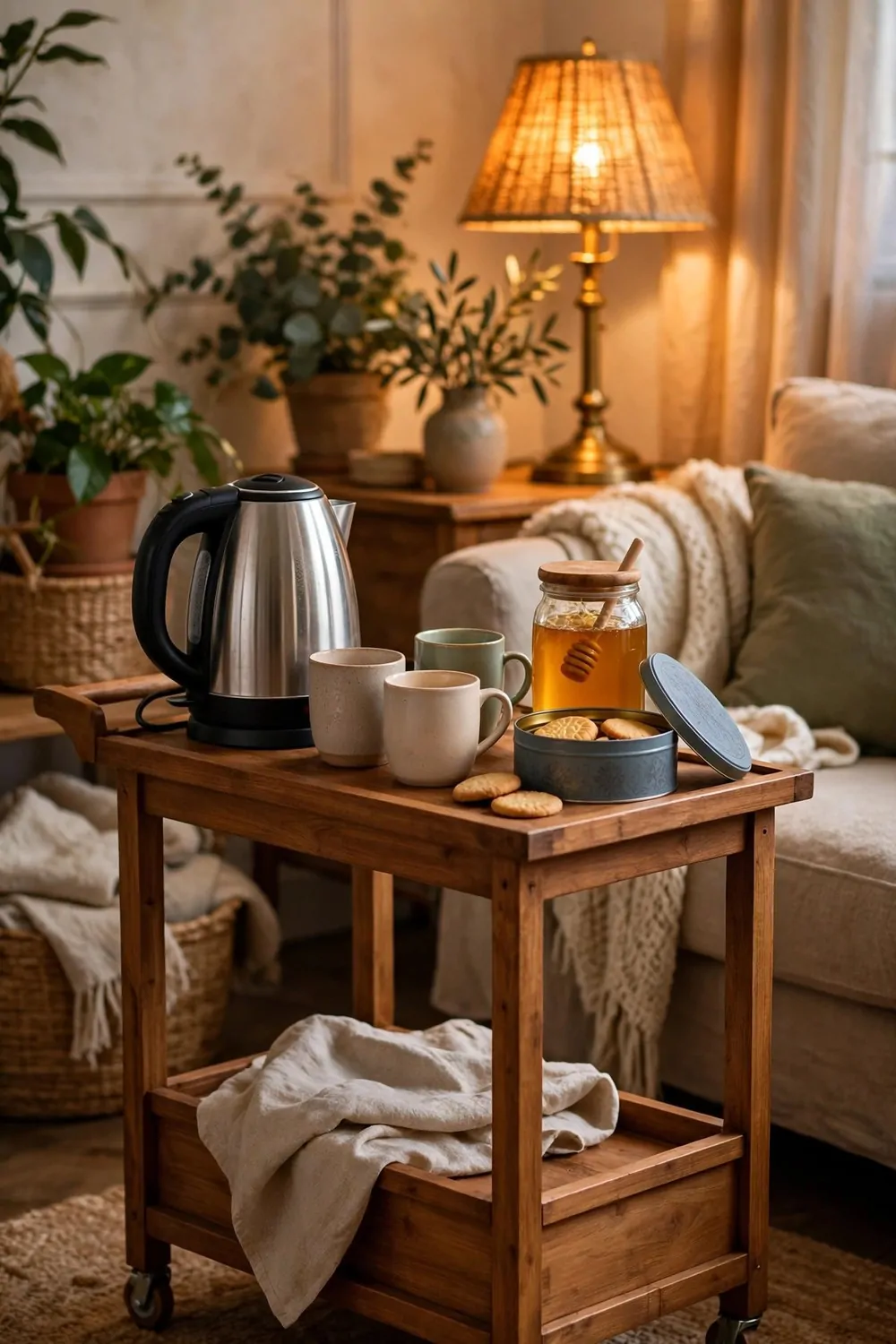 A cozy hot drink corner with a wooden cart, kettle, mugs and a small tray