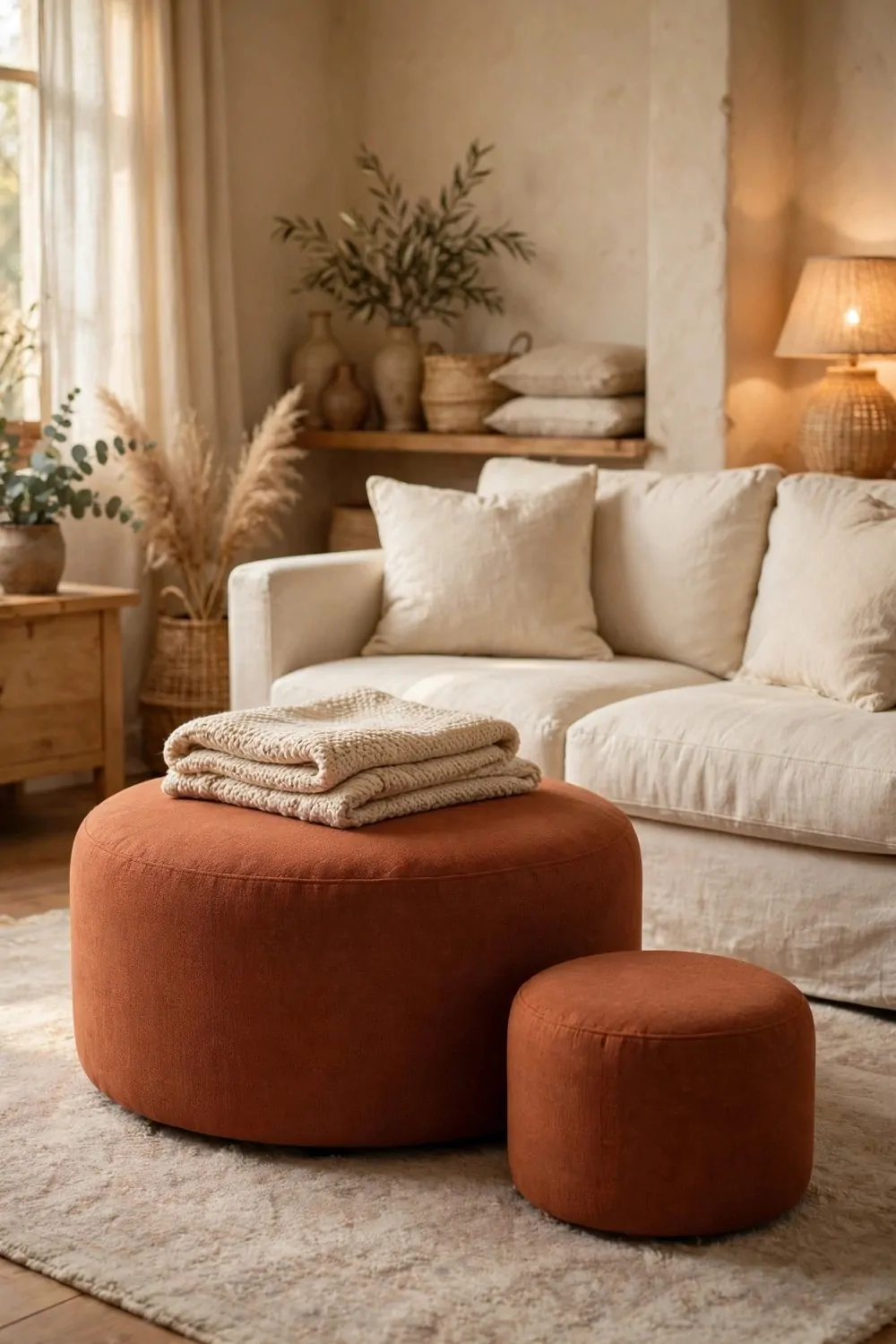 A round ottoman and small footstool placed before a sofa