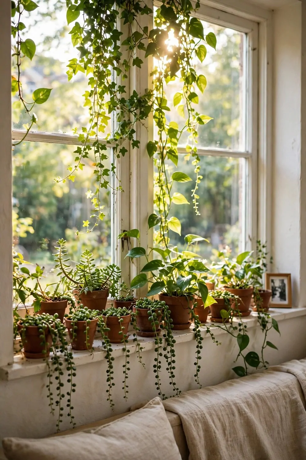 A wide windowsill dressed with trailing green plants in pots