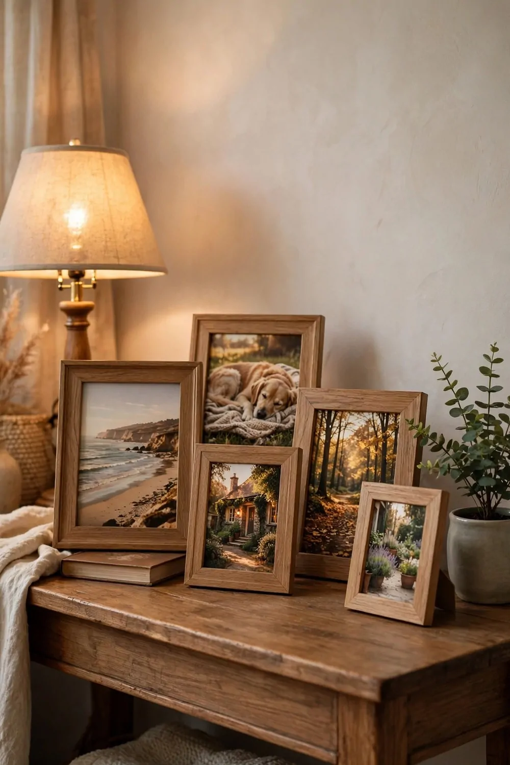 Wooden picture frames with photos on a console table