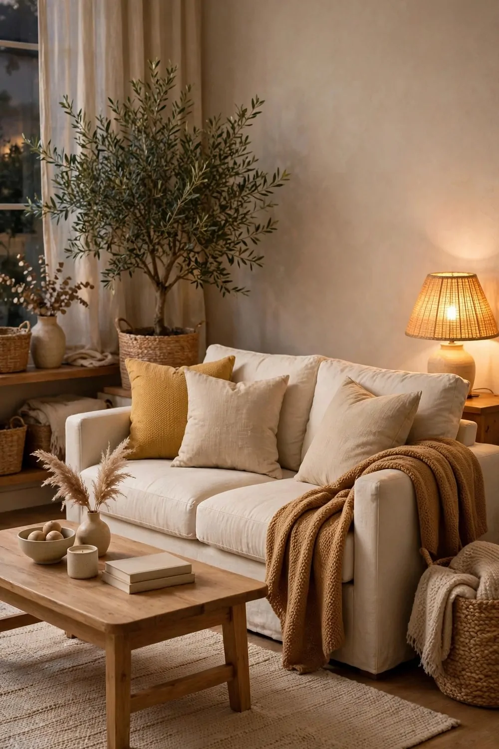 A living room styled in warm neutrals with a cream sofa and mustard cushions