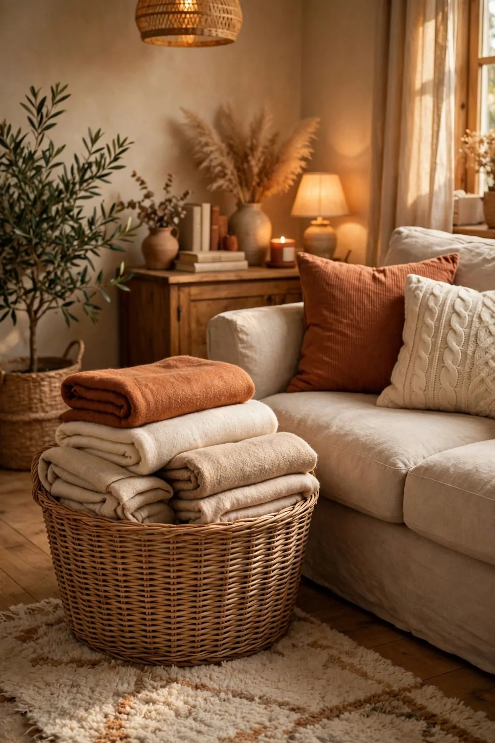 A wicker basket of folded extra blankets beside a sofa