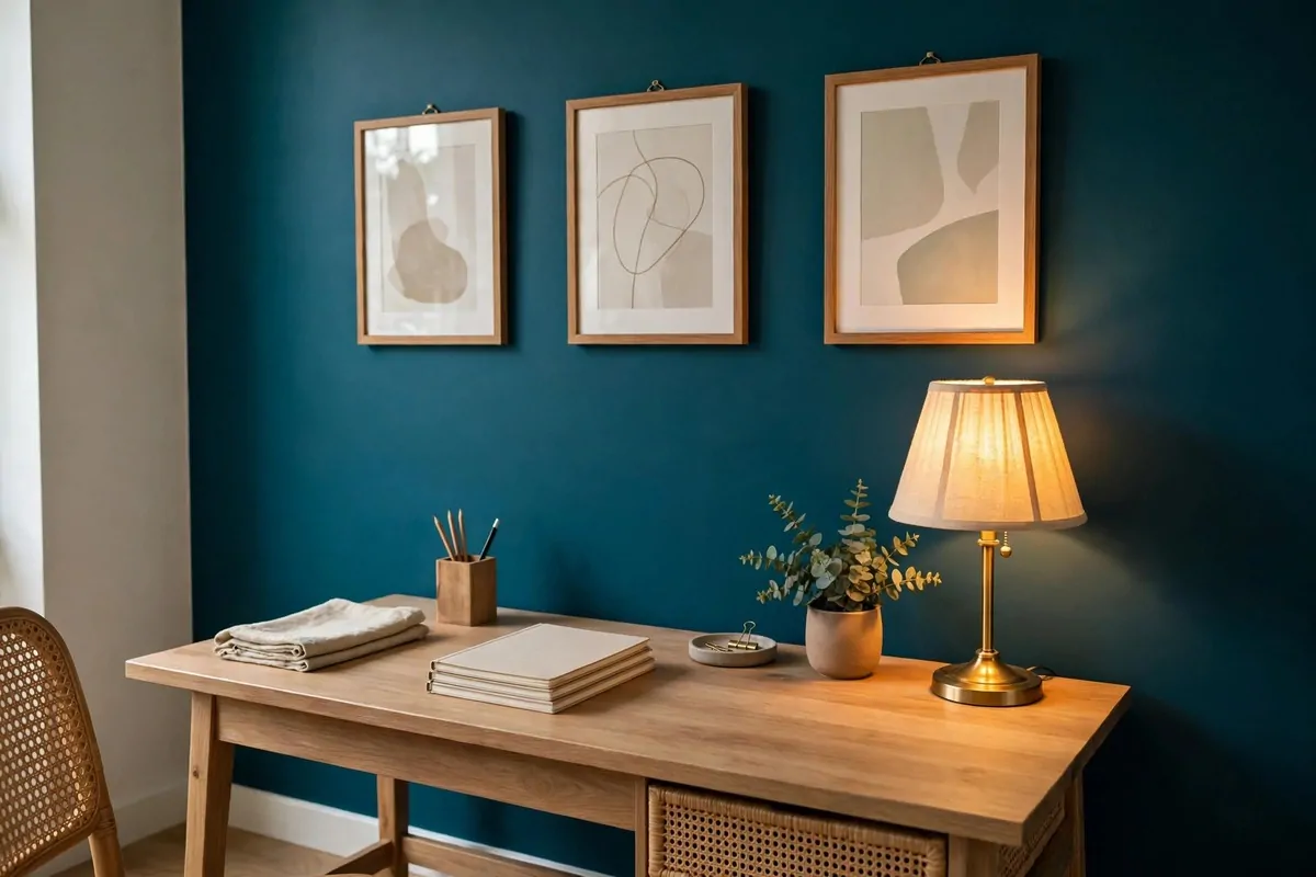 25 Office Room Design Layouts That Look Stunning and Work Hard 1 A tidy wooden desk with a glowing brass lamp and a small potted plant beneath three framed abstract prints on a deep teal accent wall.