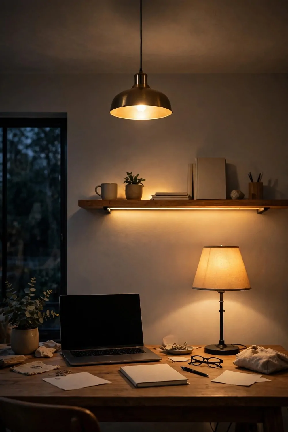 25 Office Room Design Layouts That Look Stunning and Work Hard 2 A desk in evening light under a brass pendant, a glowing table lamp, and a warm shelf light, with a laptop with a blank screen, a notebook, and plants.