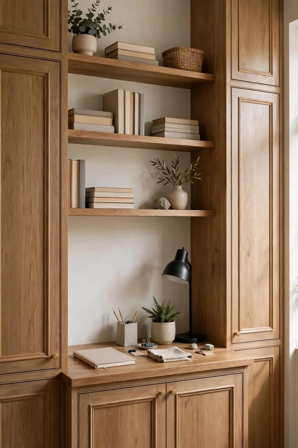 25 Office Room Design Layouts That Look Stunning and Work Hard 3 A tidy wooden worktop fitted between two tall wood built-in cabinets with open shelves holding blank books, plants, and a black desk lamp.