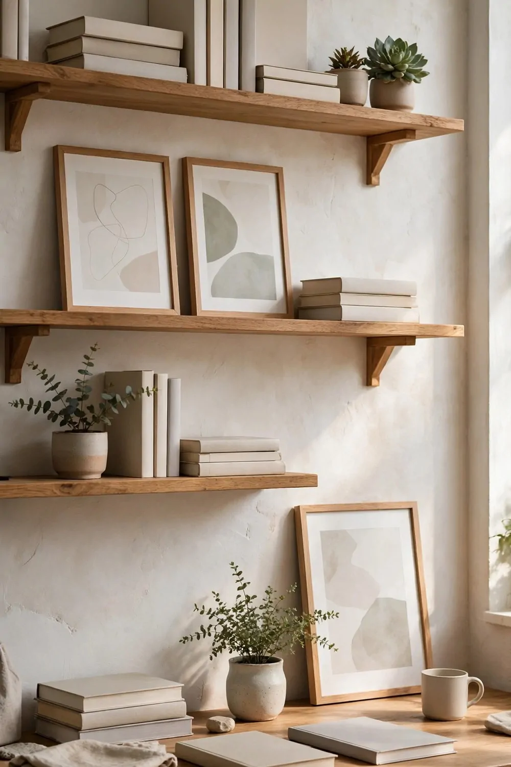 25 Office Room Design Layouts That Look Stunning and Work Hard 4 Floating wooden shelves above a wooden desk holding blank books, small potted plants, and framed abstract prints, with a framed print leaning on the desk.