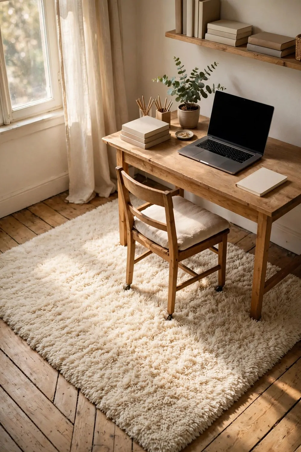 25 Office Room Design Layouts That Look Stunning and Work Hard 5 A large soft cream shaggy rug under a wooden desk and chair, with bare floorboards showing at the edges.